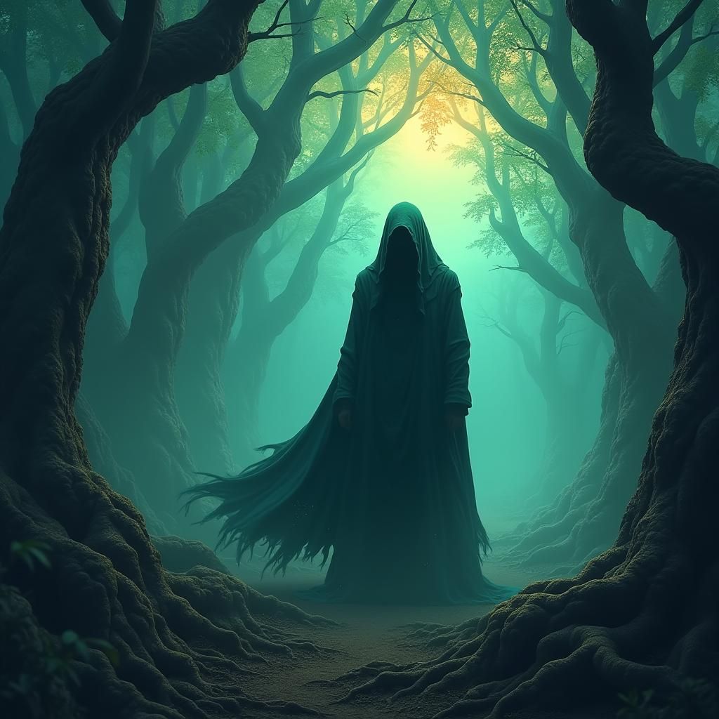 Mysterious Figure in Mystical Forest Concept Art