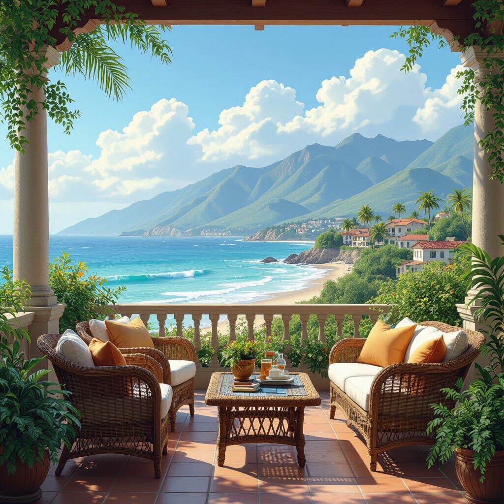 Ocean View Patio in a Detailed Digital Painting
