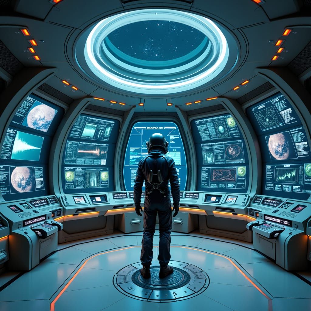 Astronaut on Hexagonal Spaceship Bridge in Dystopian Futuris...