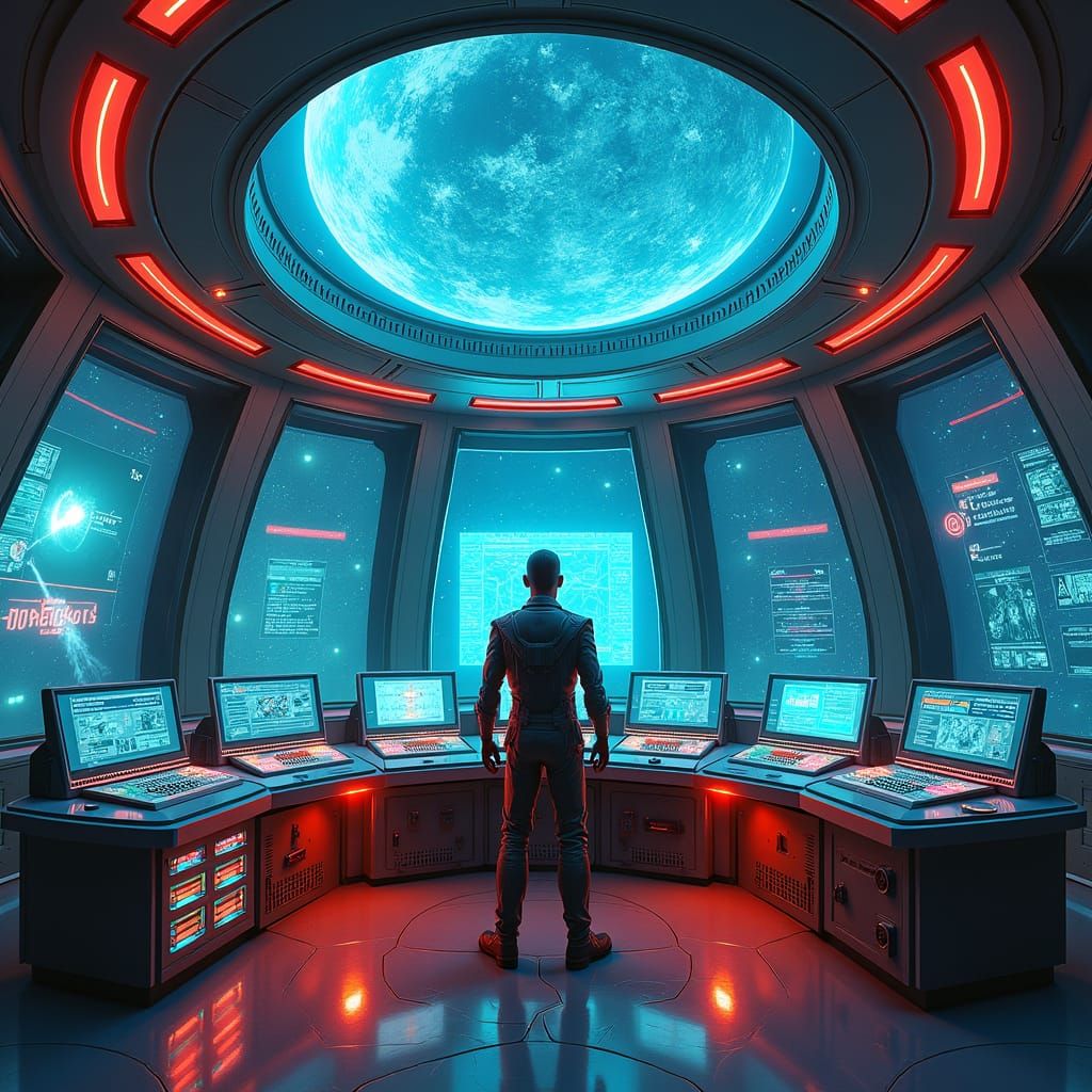Futuristic Officer Commands Neon Lit Spaceship Bridge