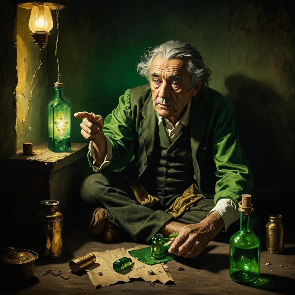 Green Figure Flying with Butterfly Wings in Surrealist Style