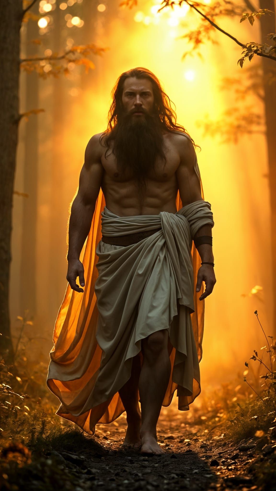 Greek God in Misty Forest, Caravaggio Style