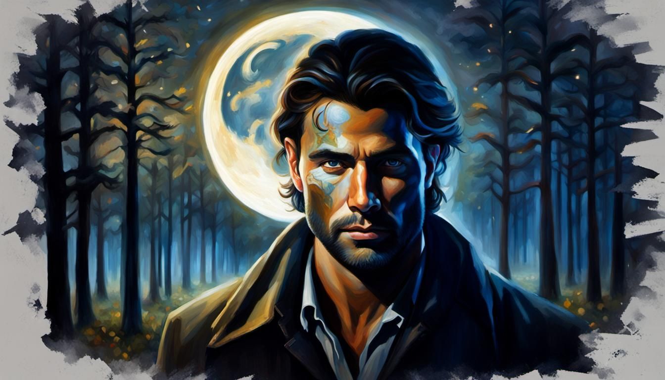 Mysterious Man in Moonlit Forest: Oil Painting