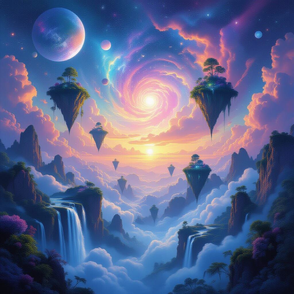 Surreal Dreamscape with Floating Islands and Nebula Sky