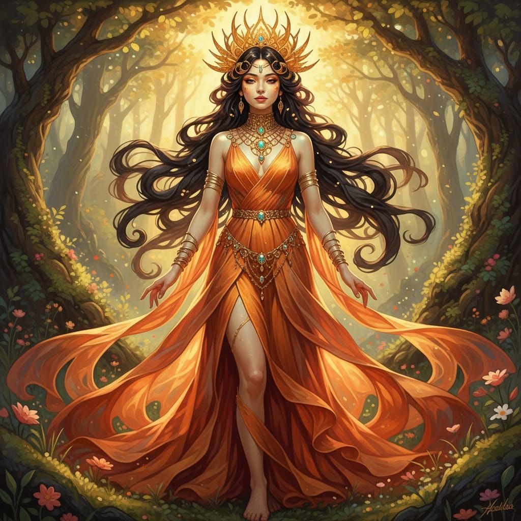 Beautiful Woman in Orange Dress with Gold Jewelry in Forest