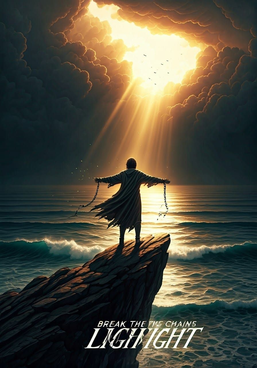 Figure Breaking Chains on Cliff Edge in Surreal Style