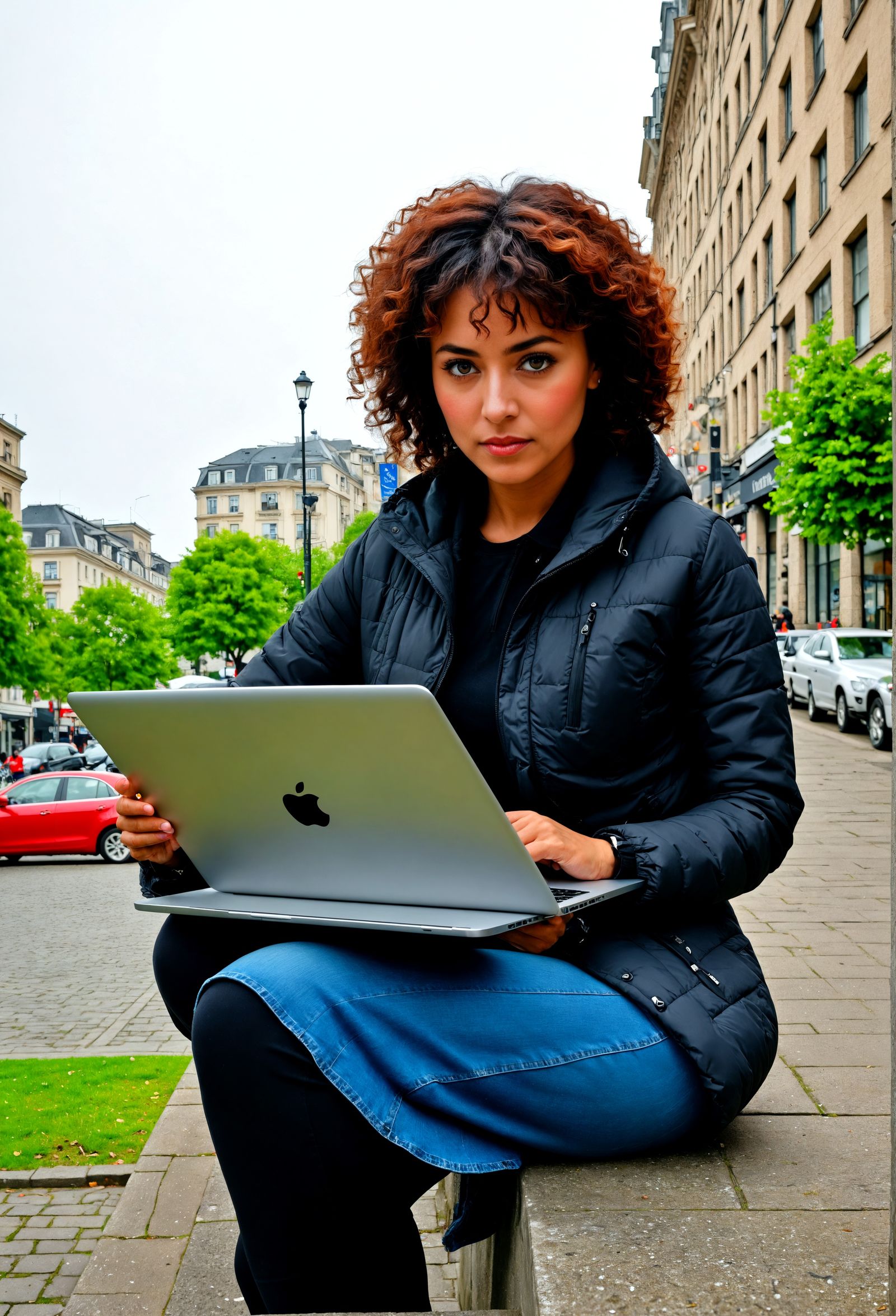 Woman with Apple Laptop in Hyperrealistic HDR