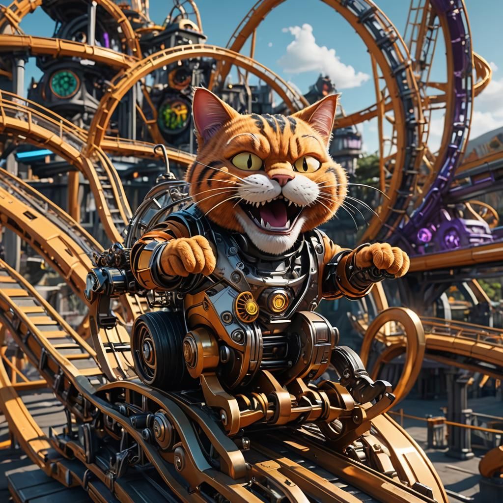 Garfield Cat on Joker Rollercoaster in Sci-Fi Style