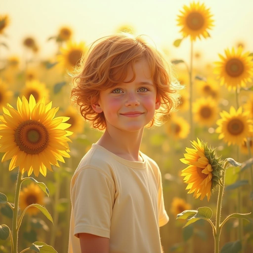Boy in Sunflower Field with Soft Pastel Hues