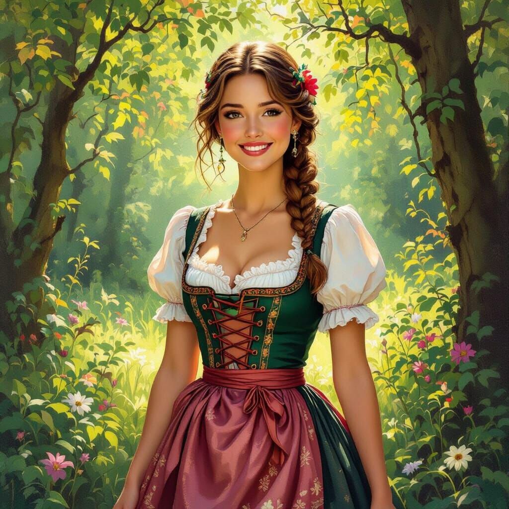 Bavarian Woman in Forest, Art Nouveau Style