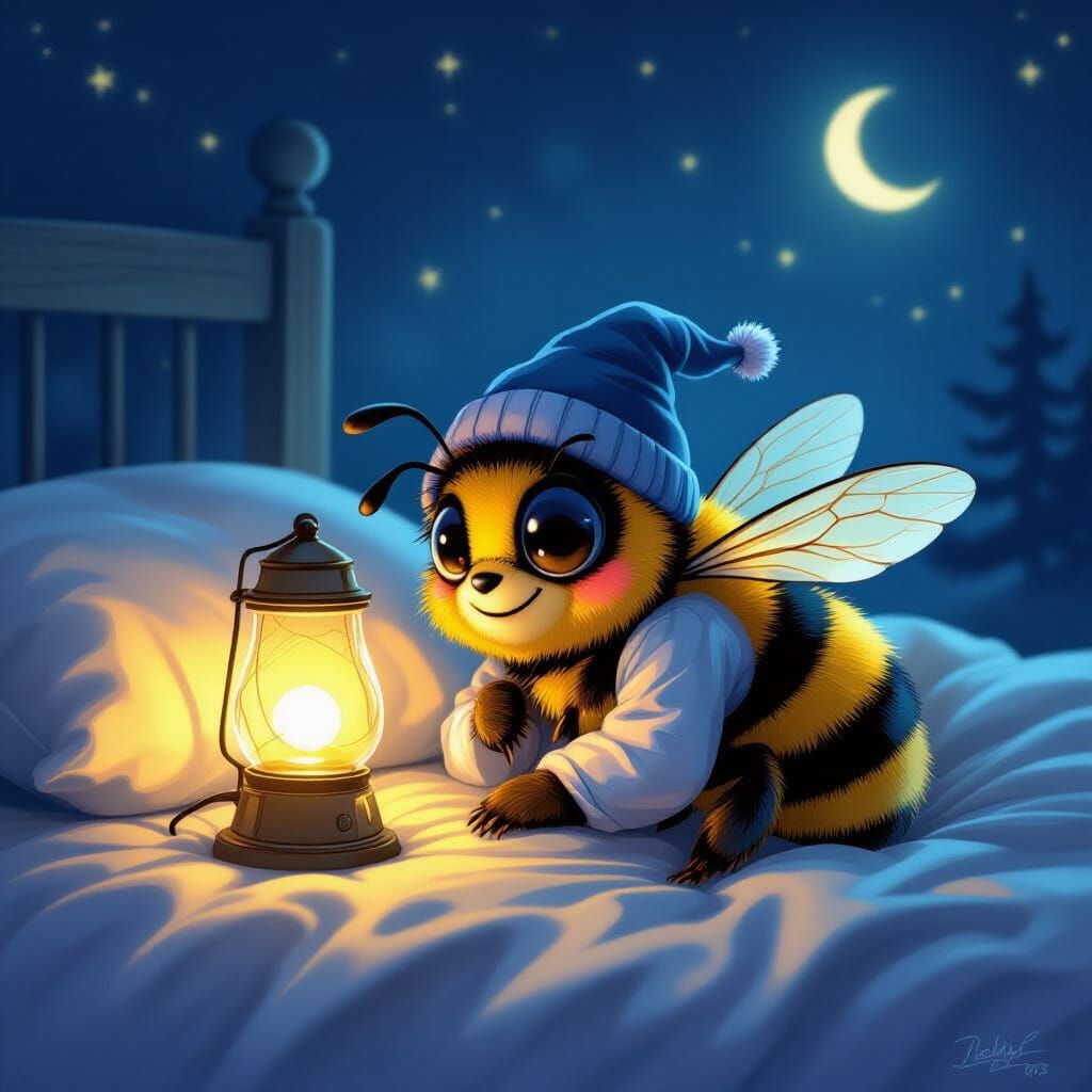 Sleepy Bumblebee Ready for Bed as Oil Painting