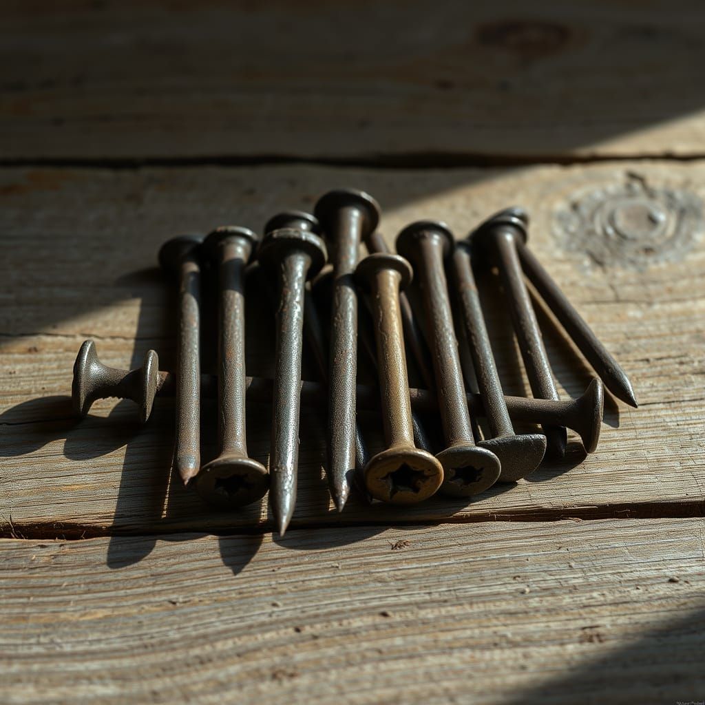 Ancient Nails Knolled on Wood in Hyperrealistic Style