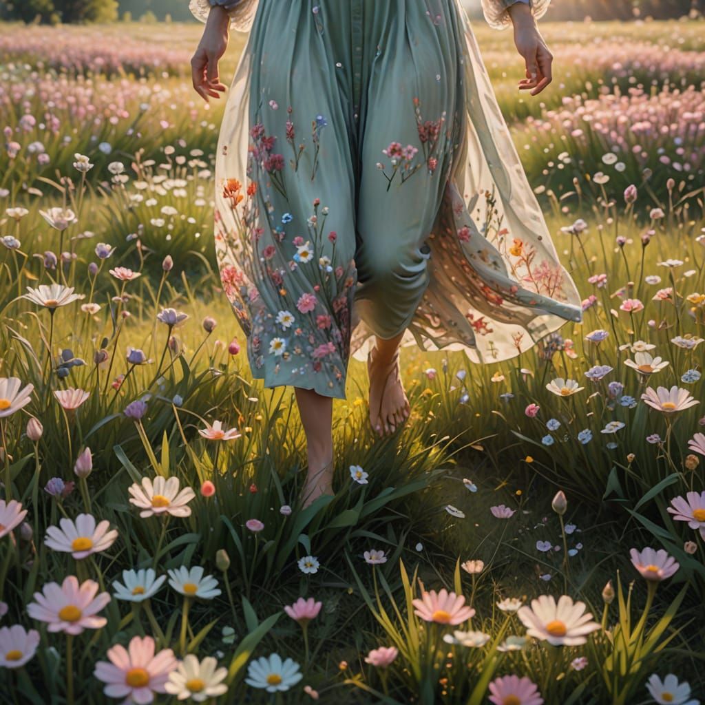 Ethereal Woman Walks Barefoot, Blooming Pastel Flowers