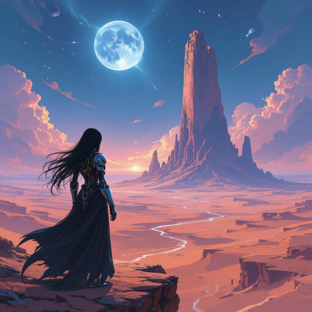 Goth Woman With Cybernetic Arm Over Alien Desert