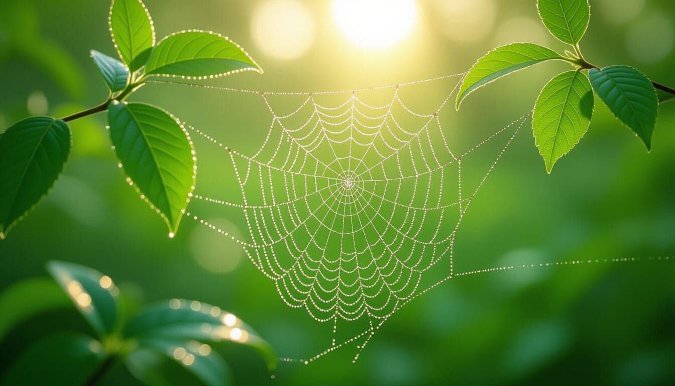Dew-Kissed Spiderweb in Sun-Dappled Forest Clearing