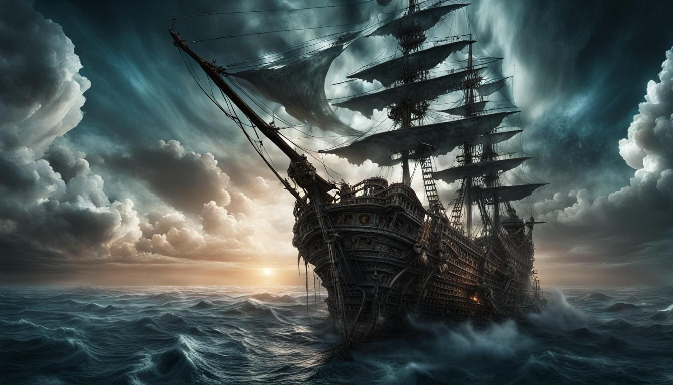 Ghostly Pirate Ship Lost in Deep Space: 3D Render