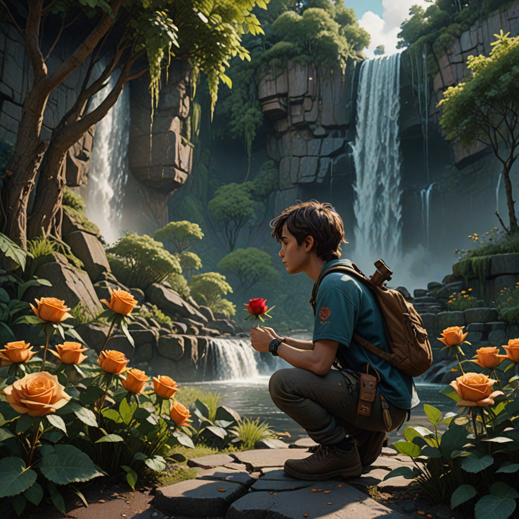 Hispanic Boy Offers Rose in Enchanting Garden Oasis