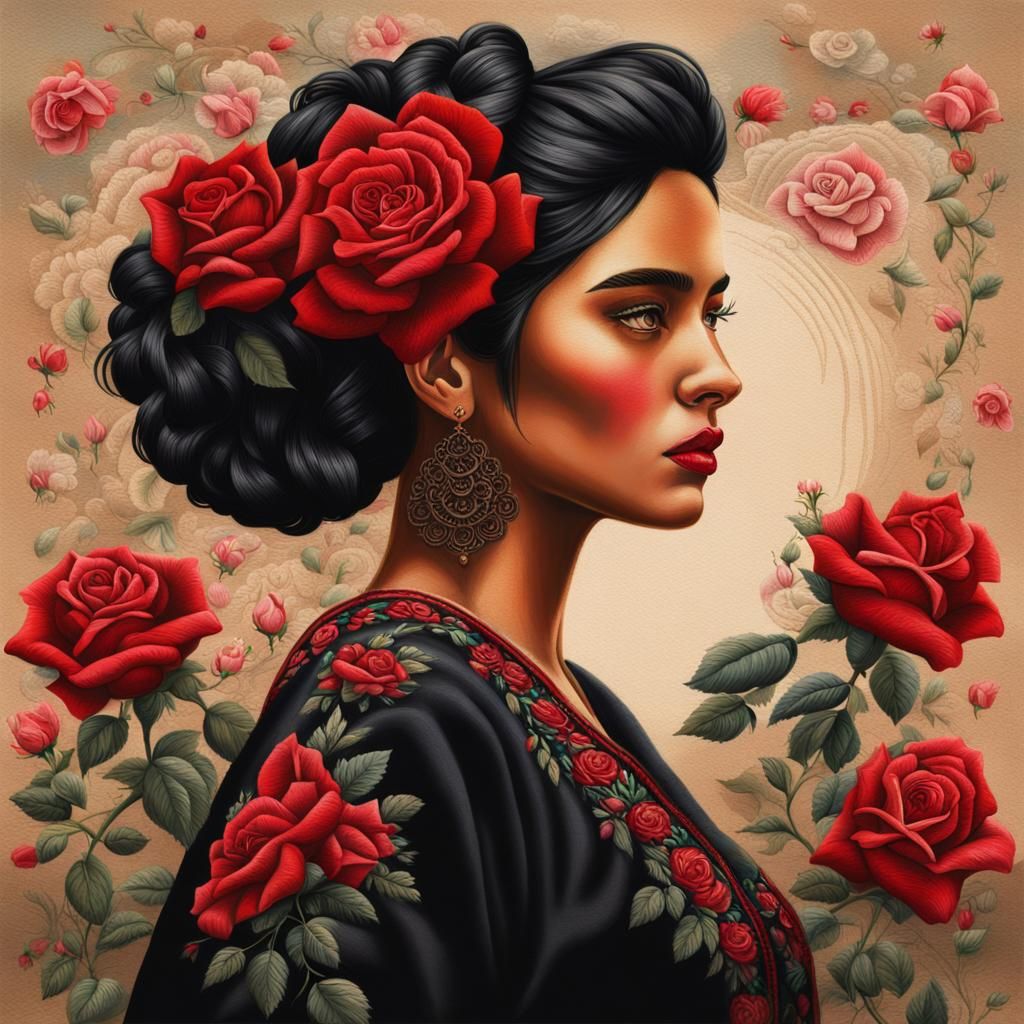 Mexican Woman in Embroidered Dress with Roses