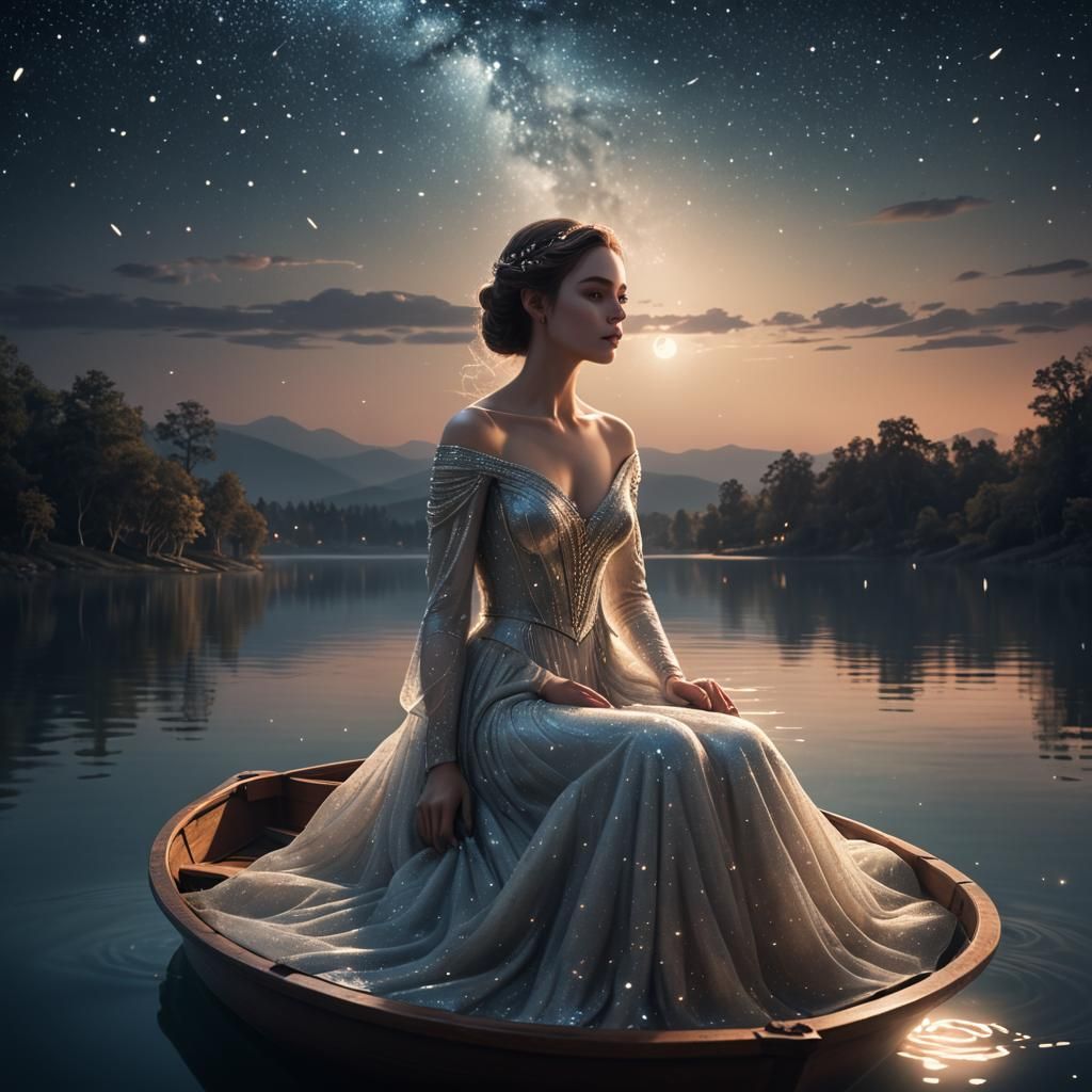 Dreamy Night Lake: Lady in Boat Under Moonlight