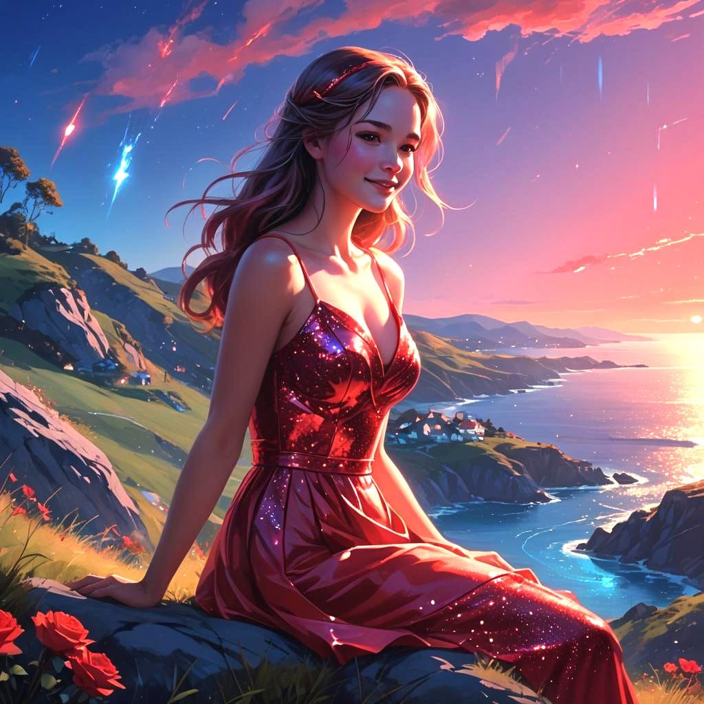 Woman in Red Dress with Ocean View