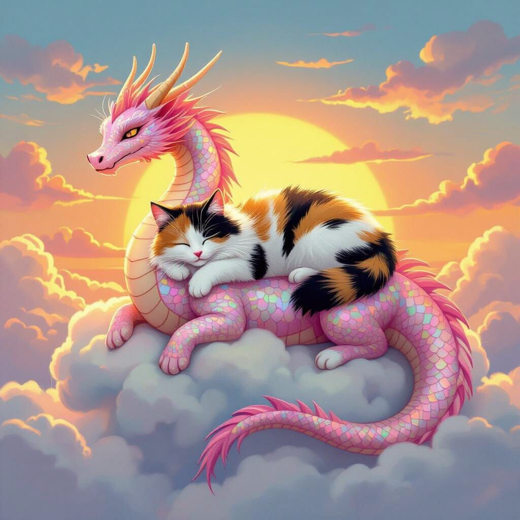 Fluffy Cat Sleeps on Pink Dragon at Sunset