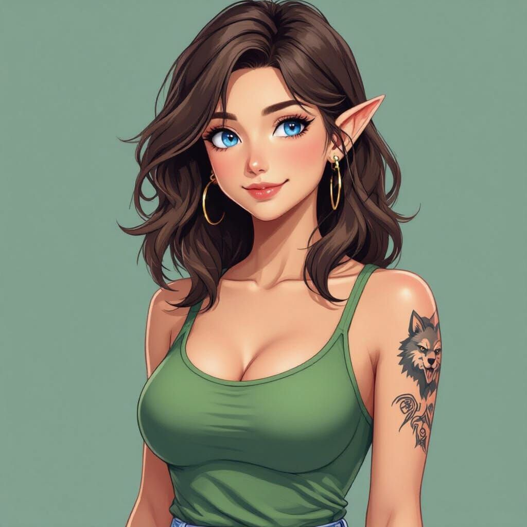 Anime Elf with Wolf Tattoo in Vibrant Cel-Shaded Style