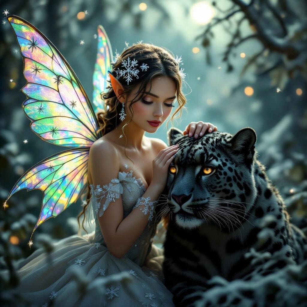 Ethereal Fairy and Snow Leopard in Winter Forest