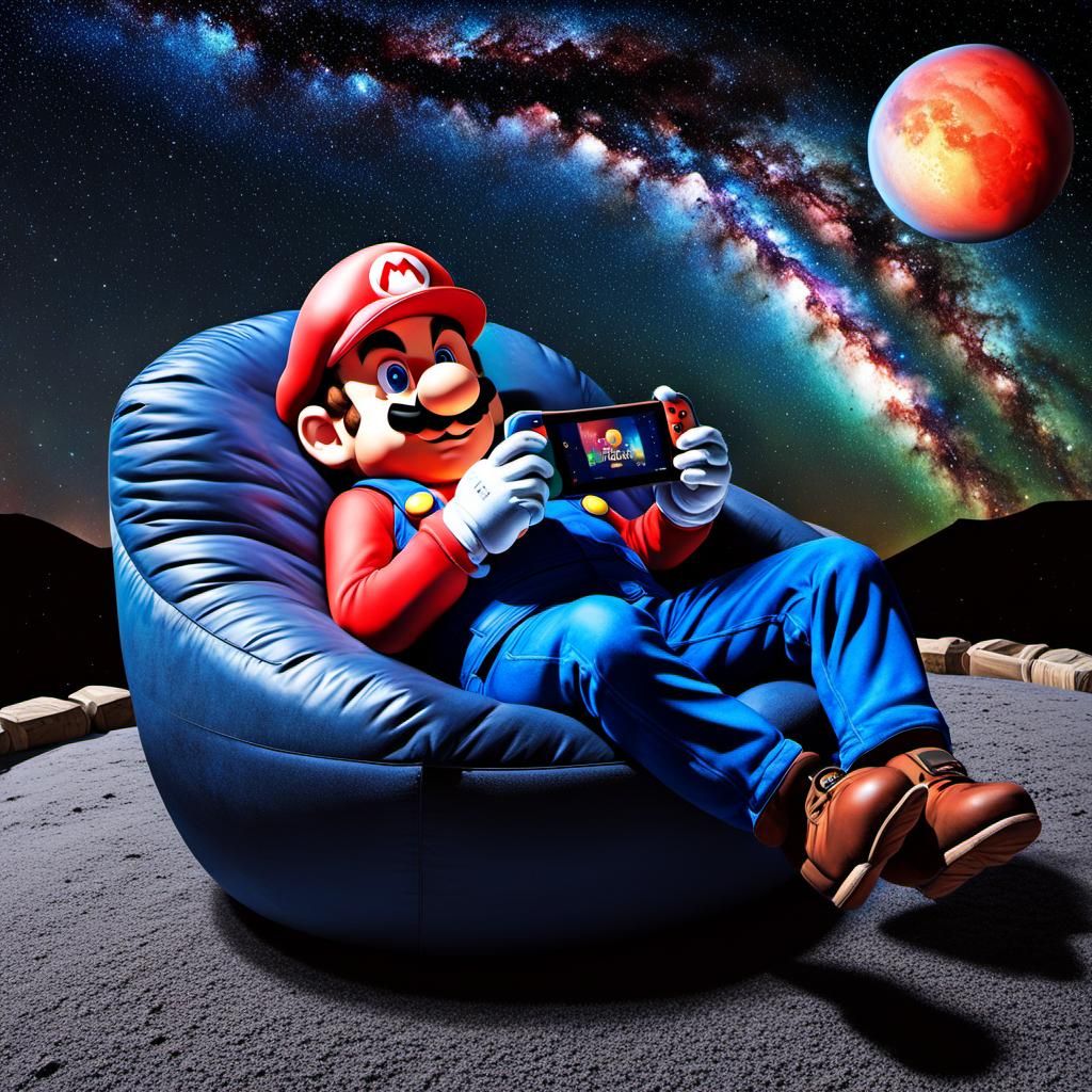 Hyperrealistic Super Mario Relaxing Under Starry Sky