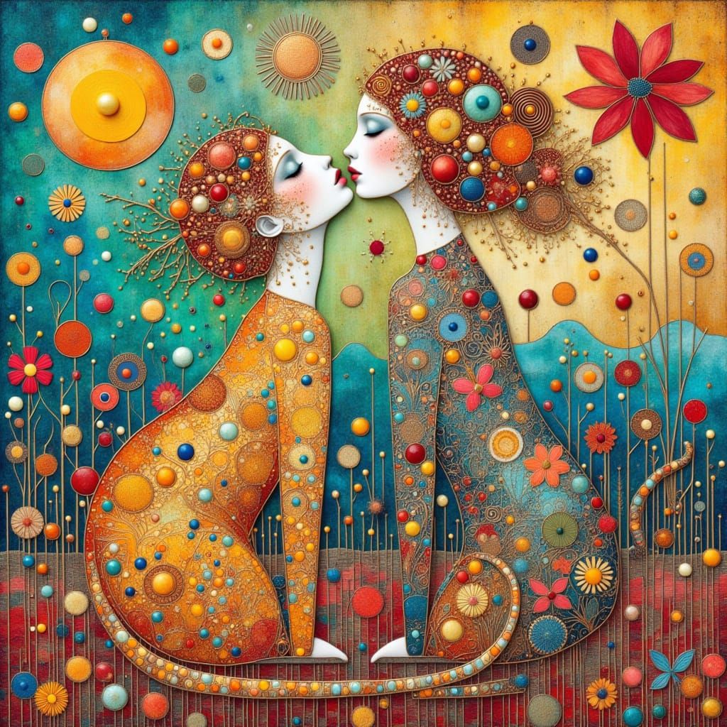 Whimsical Fantasy Cats in Vibrant Mixed Media