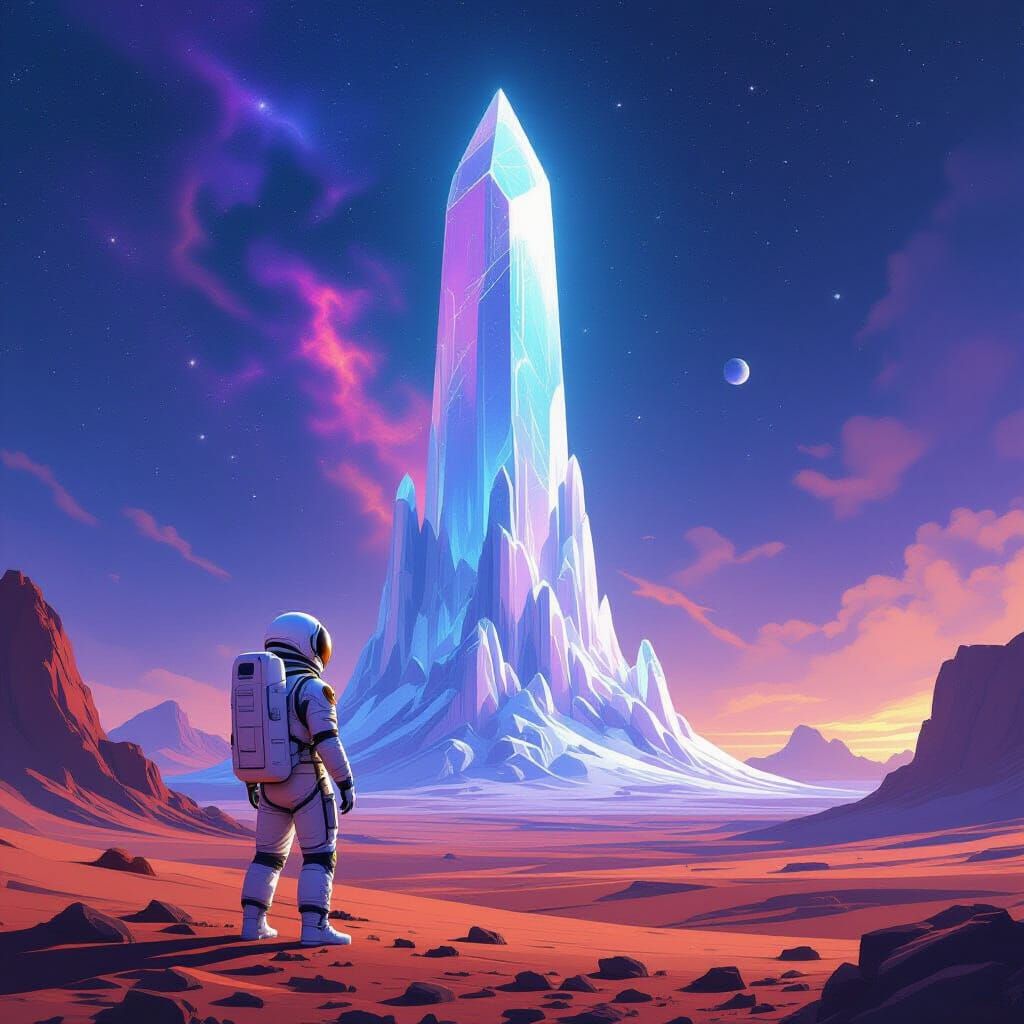 Astronaut Gazes at Crystalline Structure on Alien Planet
