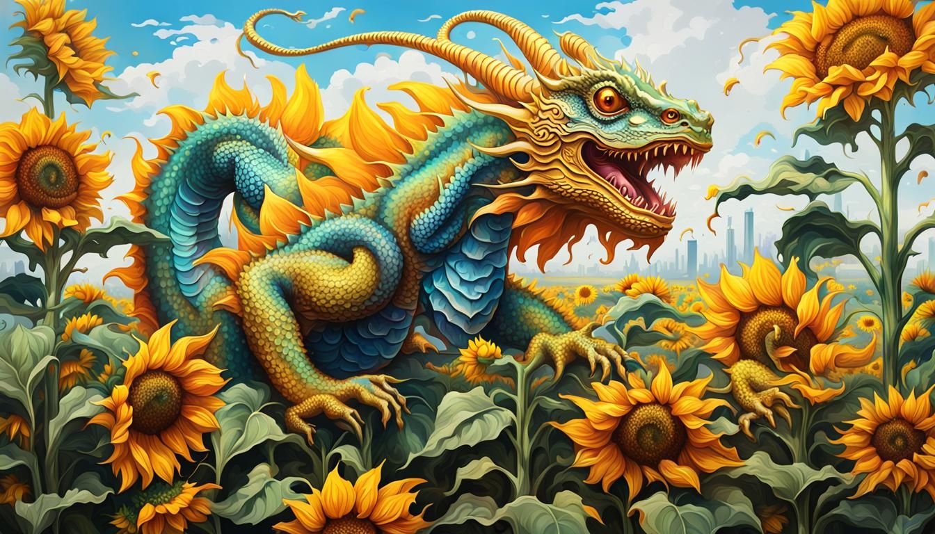 Metallic Dragon Chameleon in Sunflower Field: Graffiti Art