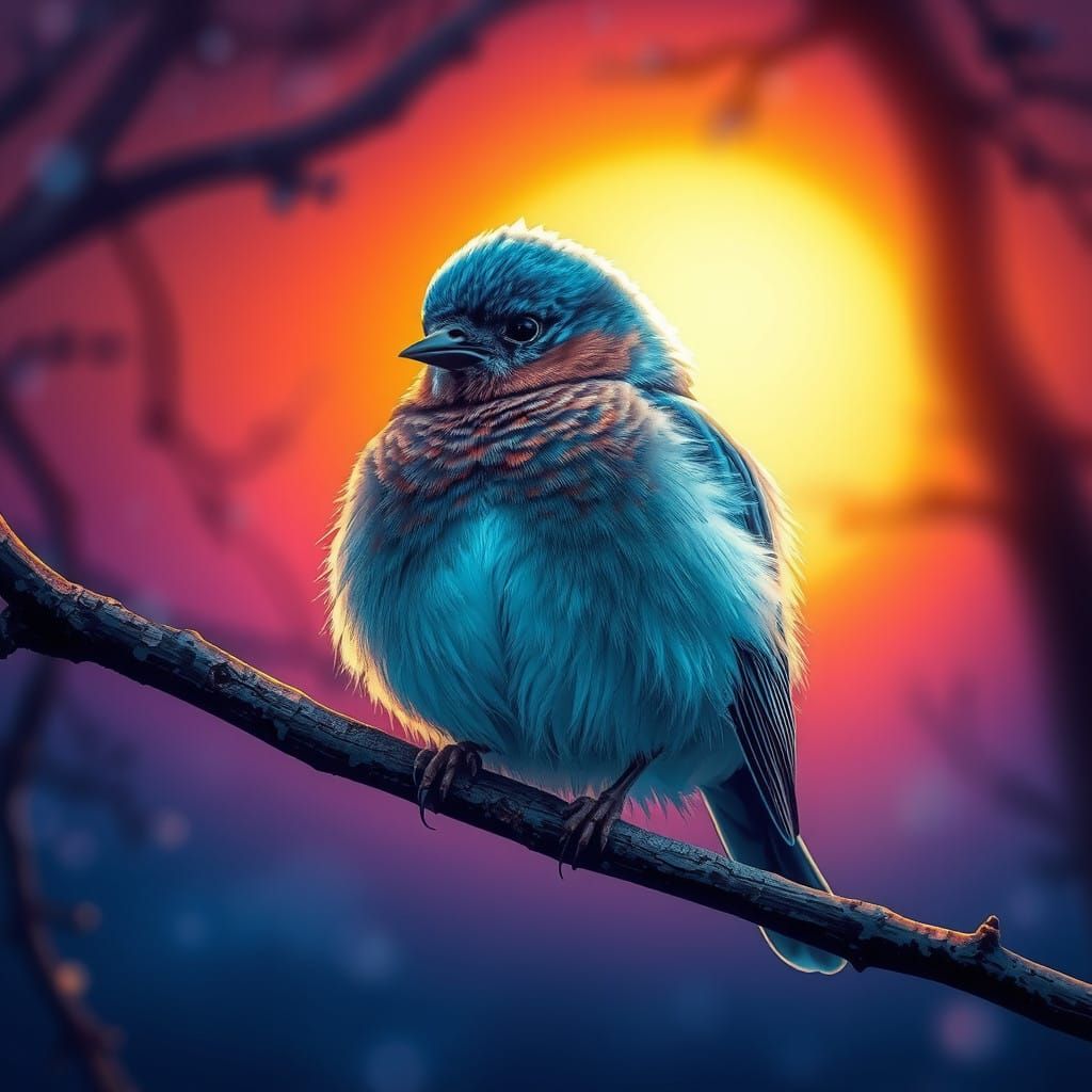 Surreal Bluebird Perched on a Sunrise Tree Branch