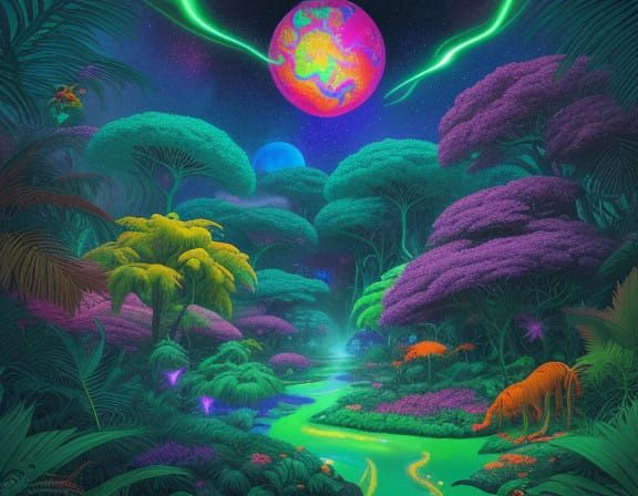 Ethereal Jungle Scene in Vibrant, Iridescent Colors