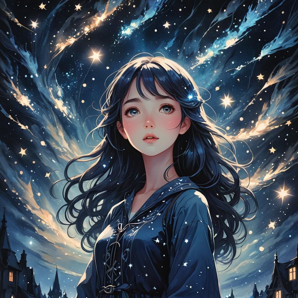 Dreamy Girl Gazing at Starry Night in Ethereal Blue