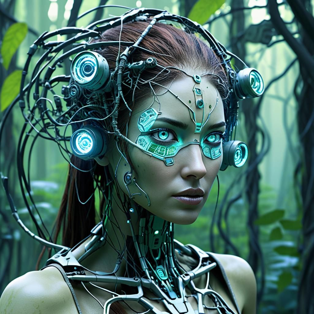 Biopunk Organic Mechanical Girl in Dystopian Forest