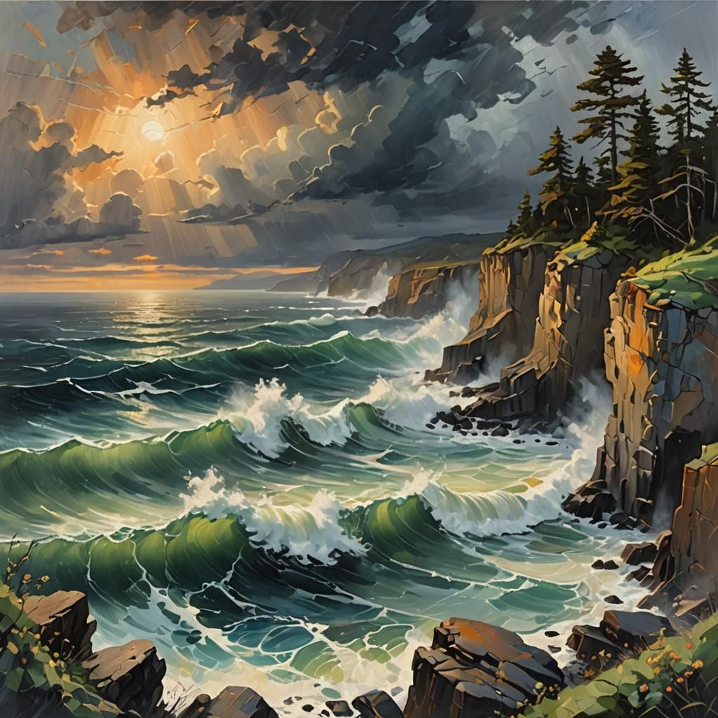 Stormy Ocean Cliffside Painting in Romantic Style