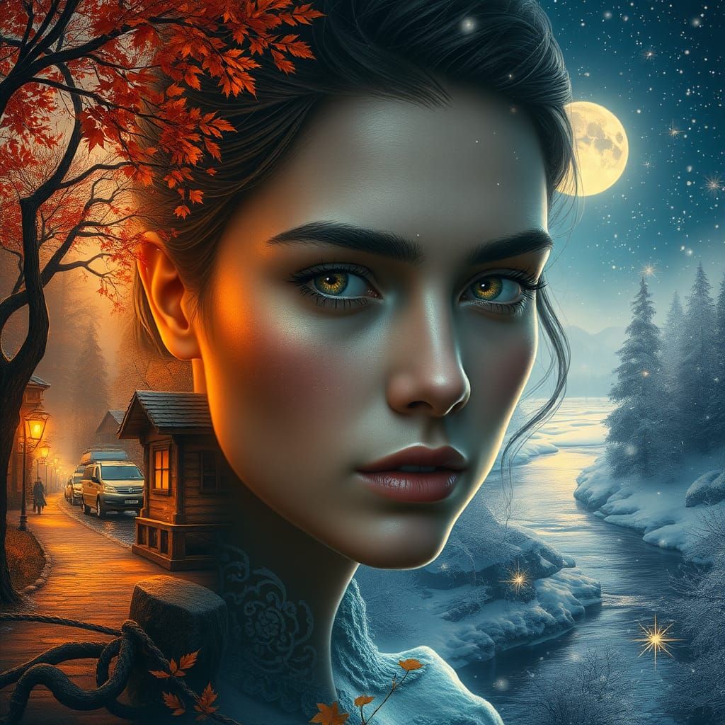 Seasonal Transition Face in Hyperdetailed Digital Art