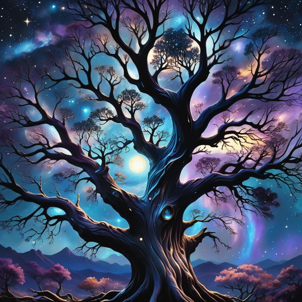 Ethereal Tree in Starry Landscape, Art Nouveau Style