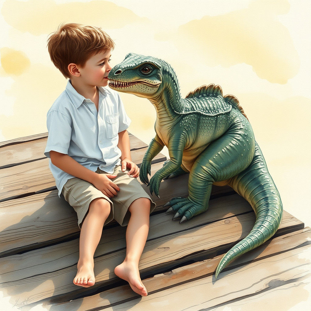 Boy and Dinosaur Watercolor Painting in Dinotopia Style