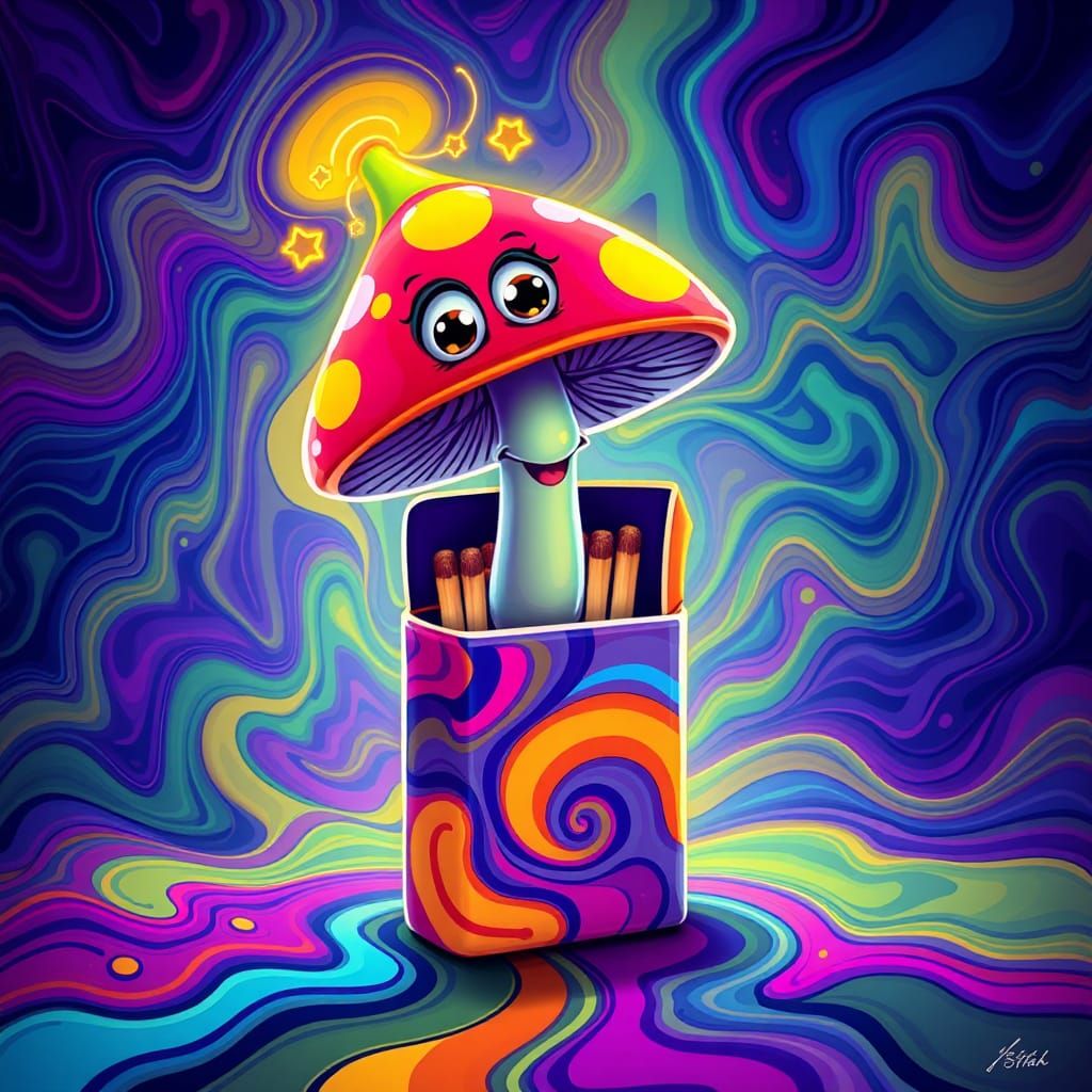 Surreal Matchbox with Glowing Toadstool in Psychedelic Style