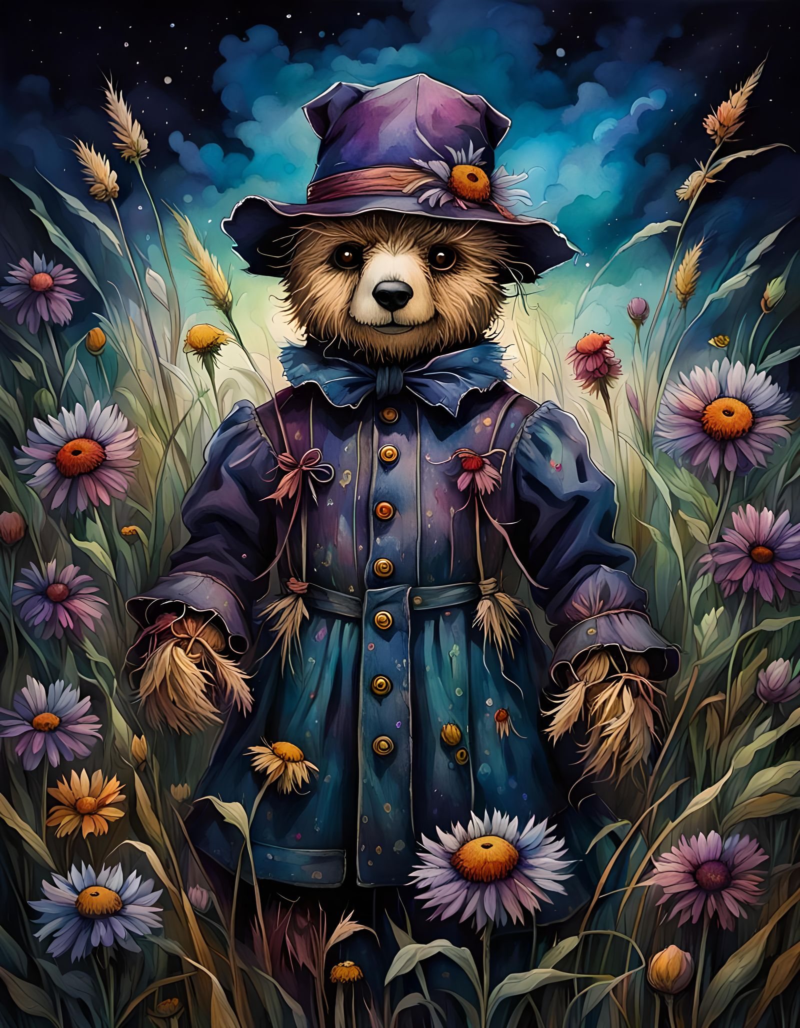 Surreal Teddy Bear Scarecrow Portrait in Moonlight