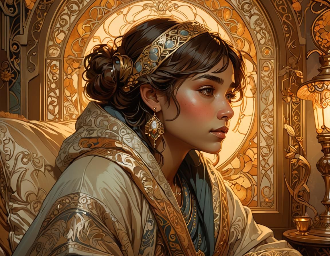 Cozy Art Nouveau Portrait in Golden Light