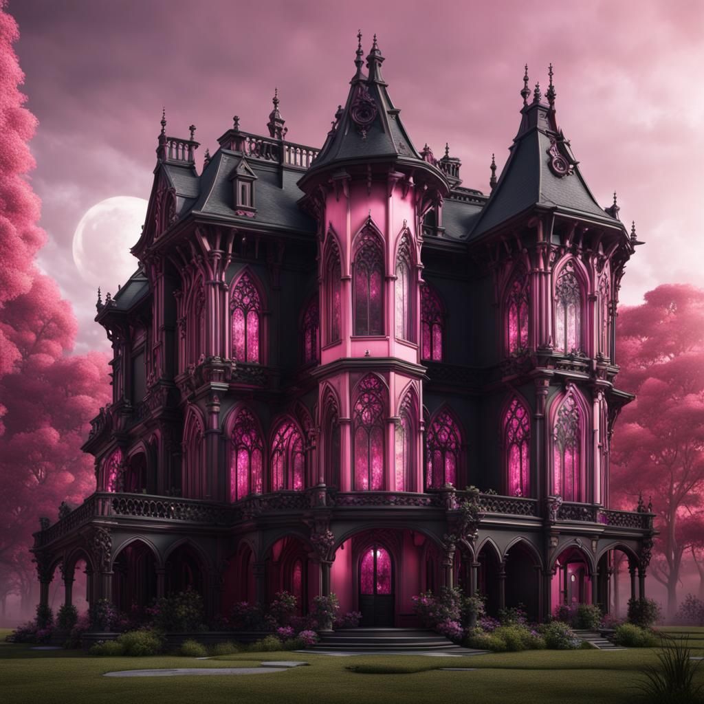 Pink and Black Gothic Mansion in Detailed Matte Painting