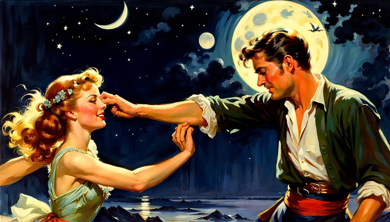 Moonlit Dance: A Romantic Scene in Art Nouveau Style