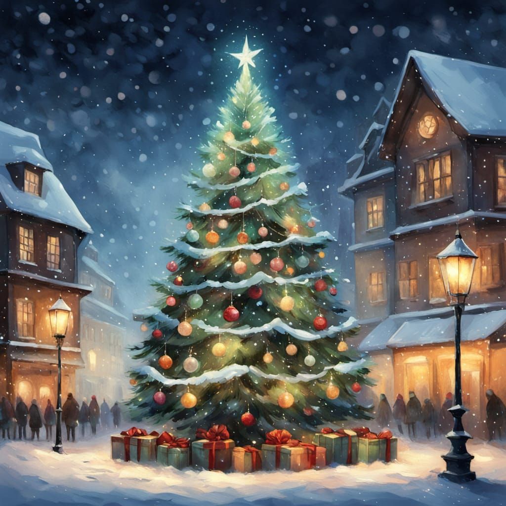Festive Christmas Tree in Cozy Town Square with Snowfall