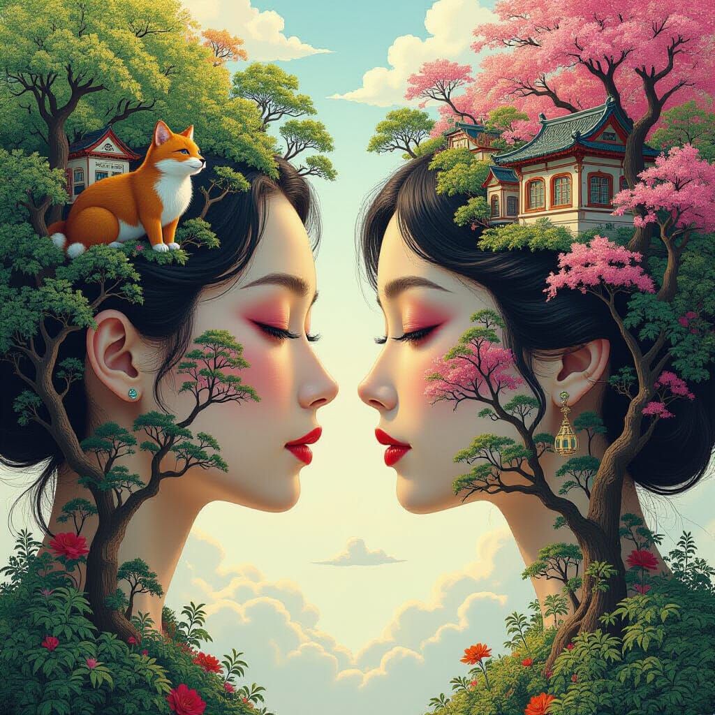 Surreal Face Composed of Nature and Buildings