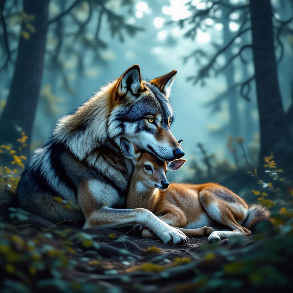 Wolf Nursing Deer in Dramatic Forest Landscape