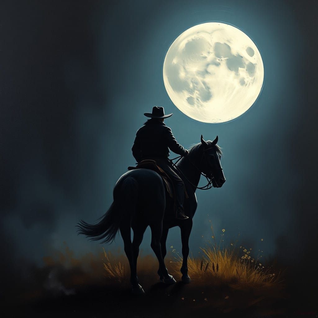 Cowboy in Moonlit Night, Dark Fantasy Oil Painting