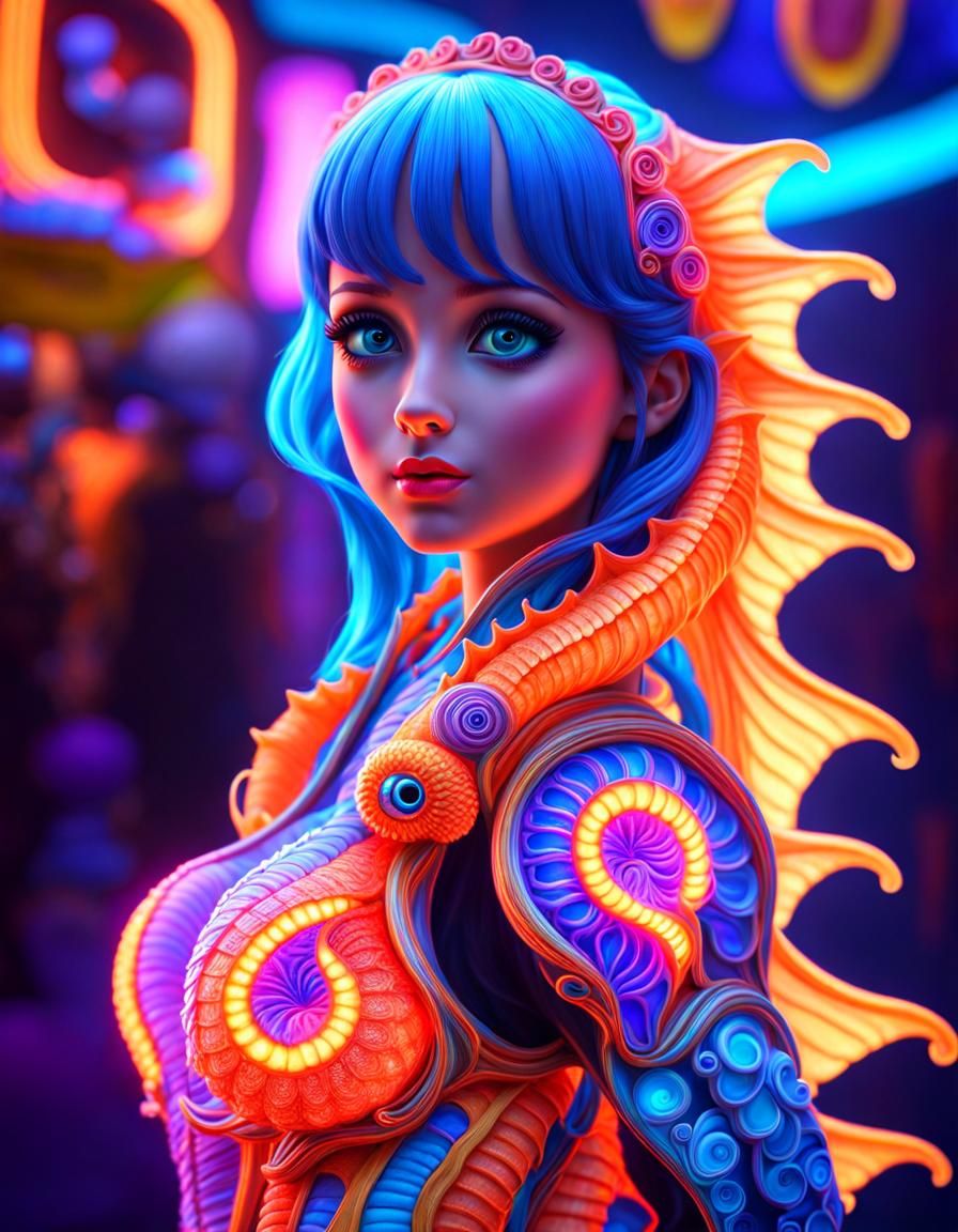 Glowing Seahorse Girl Under UV Light