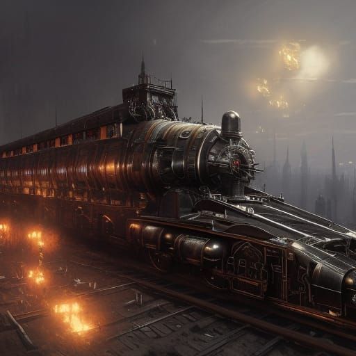 Flying Steampunk Train with Gatling Guns